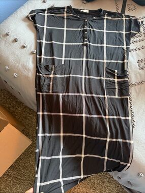 Maternity Friendly Classic Dress – Henley,  Black Windowpane Button-Up Dress